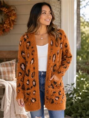 Mudd Fuzzy Leopard Print Open Front Cardigan Sweater Women’s Medium